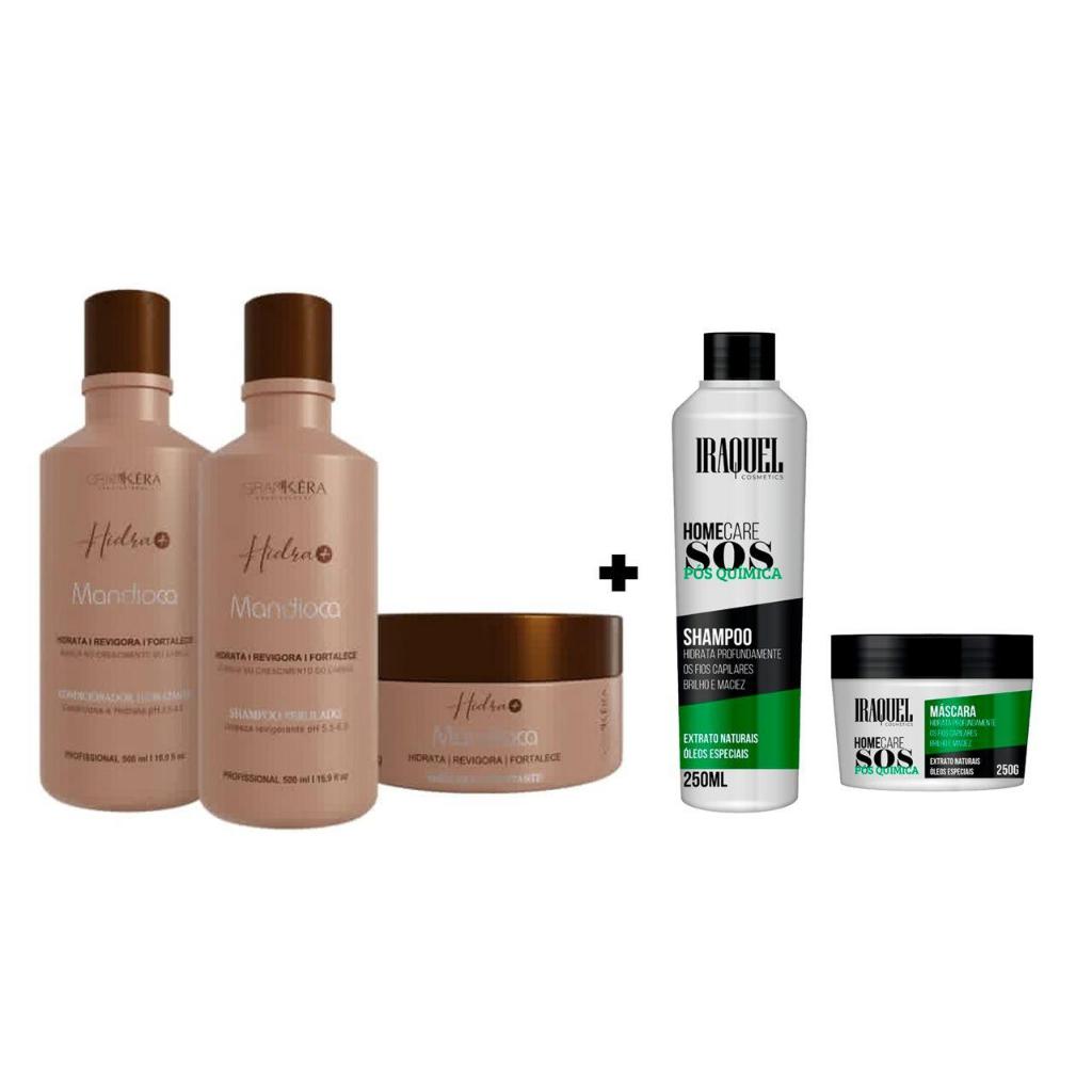 KIT MANDIOCA (SHAMPOO 500ML,CONDICIONADOR 500ML E MÁSCARA 300G) GRANKERA + KIT SOS IRAQUEL