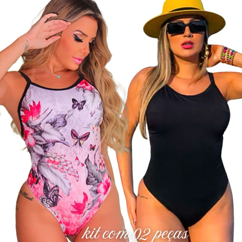 kit 2 peças body maiô alcinha Costa nua preto + body maiô alcinha Estampas Verão Praia Piscina