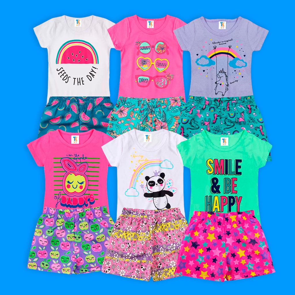 Kit 6 Peças 3 Short + 3 Blusa | Menina Conjunto Estampado Infantil Feminino Sortido Promoção Envio Imediato