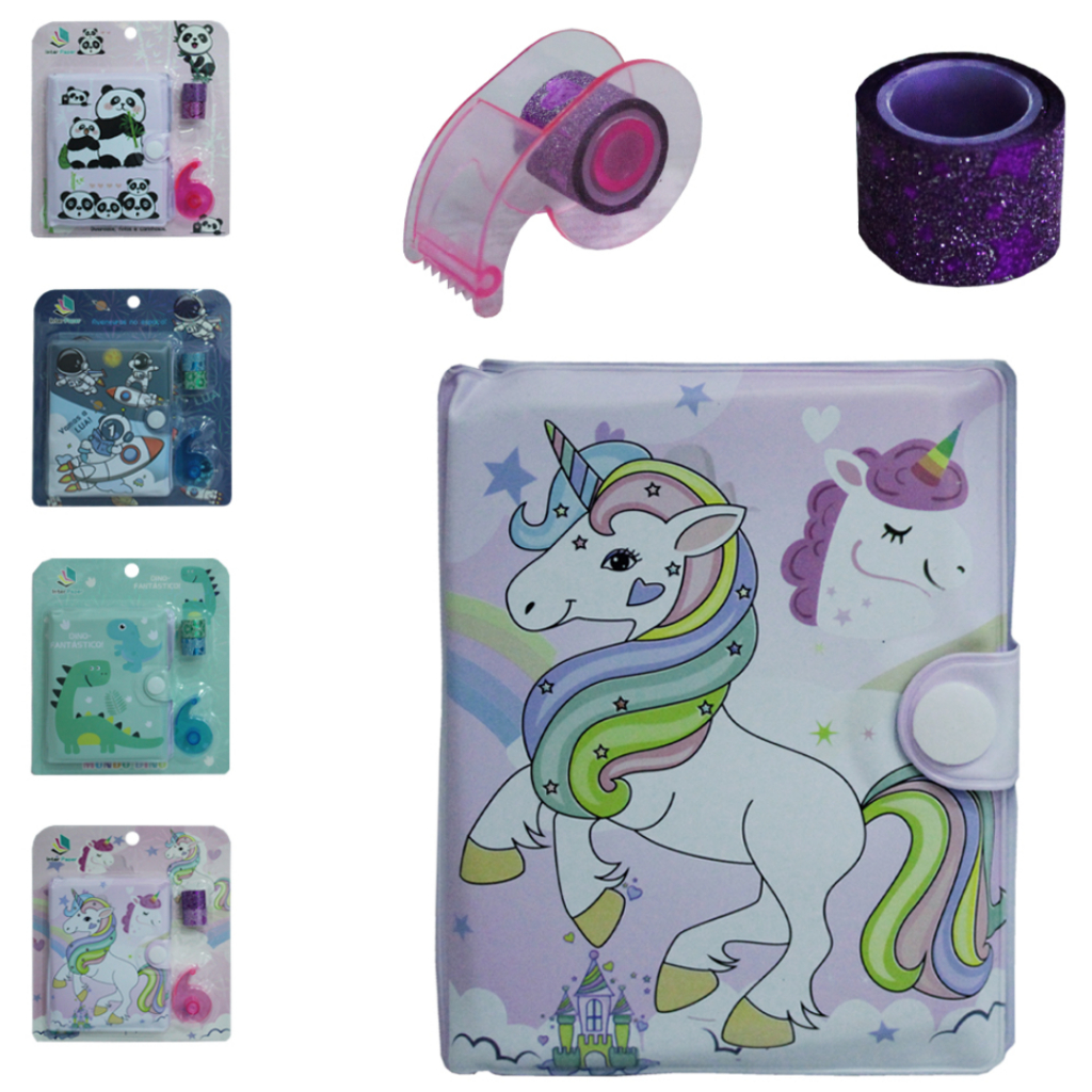CADERNETA / BLOCO DE ANOTACAO + 2 FITA ADESIVA DECORATIVA COM GLITTER E SUPORTE INTER PAPER