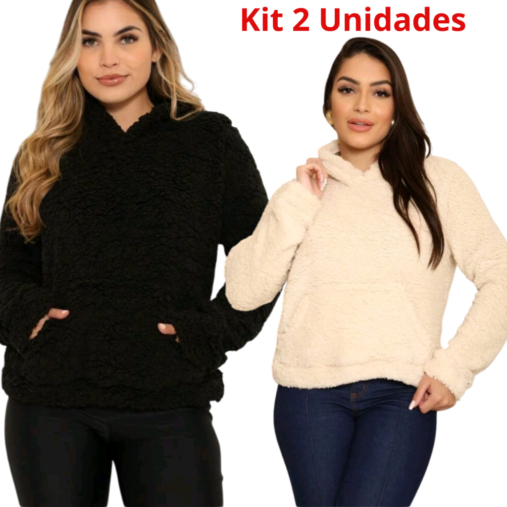 kit 2 Blusa Teddy Feminina De Pelinho Sherpa Com Capuz Para Inverno