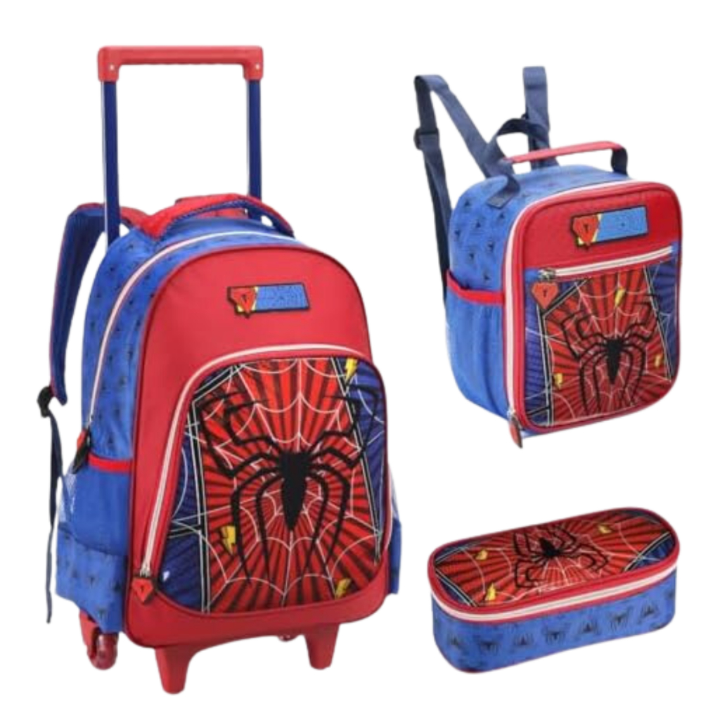 Mochila de Rodinha Homem Aranha Estojo E Lancheira Térmica Material Escolar Menino Spider Man