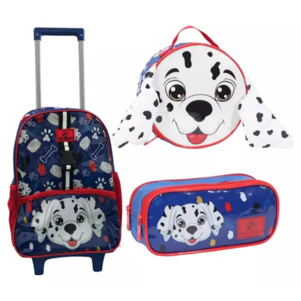 Kit Mochila de Rodinha Cachorro Dog Lancheira e Estojo Duplo Material Escolar Para Menino Resistente