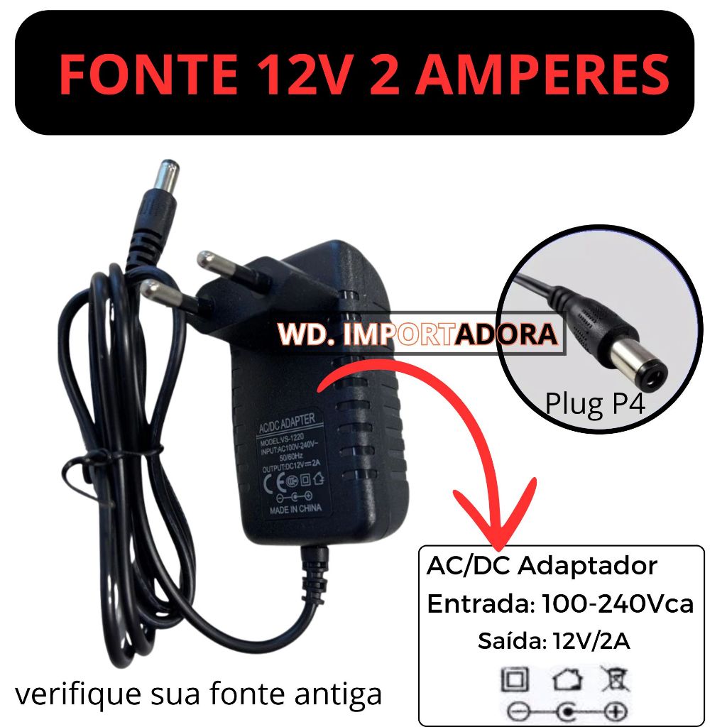 Fonte Alimentação 12v-2a Bivolt Plug P4 Universal