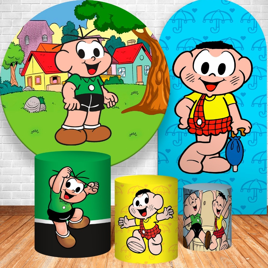 Kit Cebolinha e Cascão Festa Sublimado com Painel Redondo mais 3 Capas de Cilindros com elástico e 1 Painel Retangular