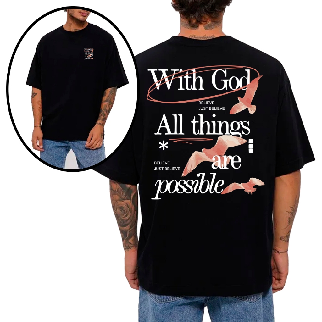 Camiseta Masculina Oversized ou Básica Estampa "Com Deus Tudo é Possível" Gospel Cristã Religiosa Fé
