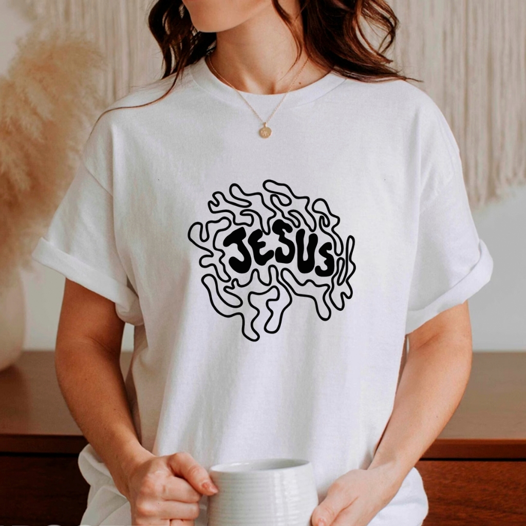 Camiseta Feminina Oversized ou T-shirt Estampada Jesus Gospel Cruz Estampa Religiosa Baby Look Fé