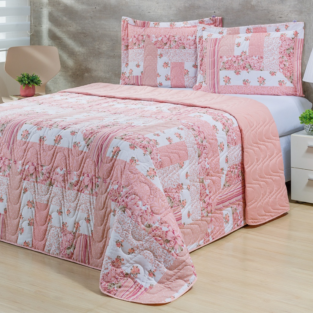 Kit Cobre Leito Colcha Queen Estampado Toque Macio Colori Percal 200 Fios