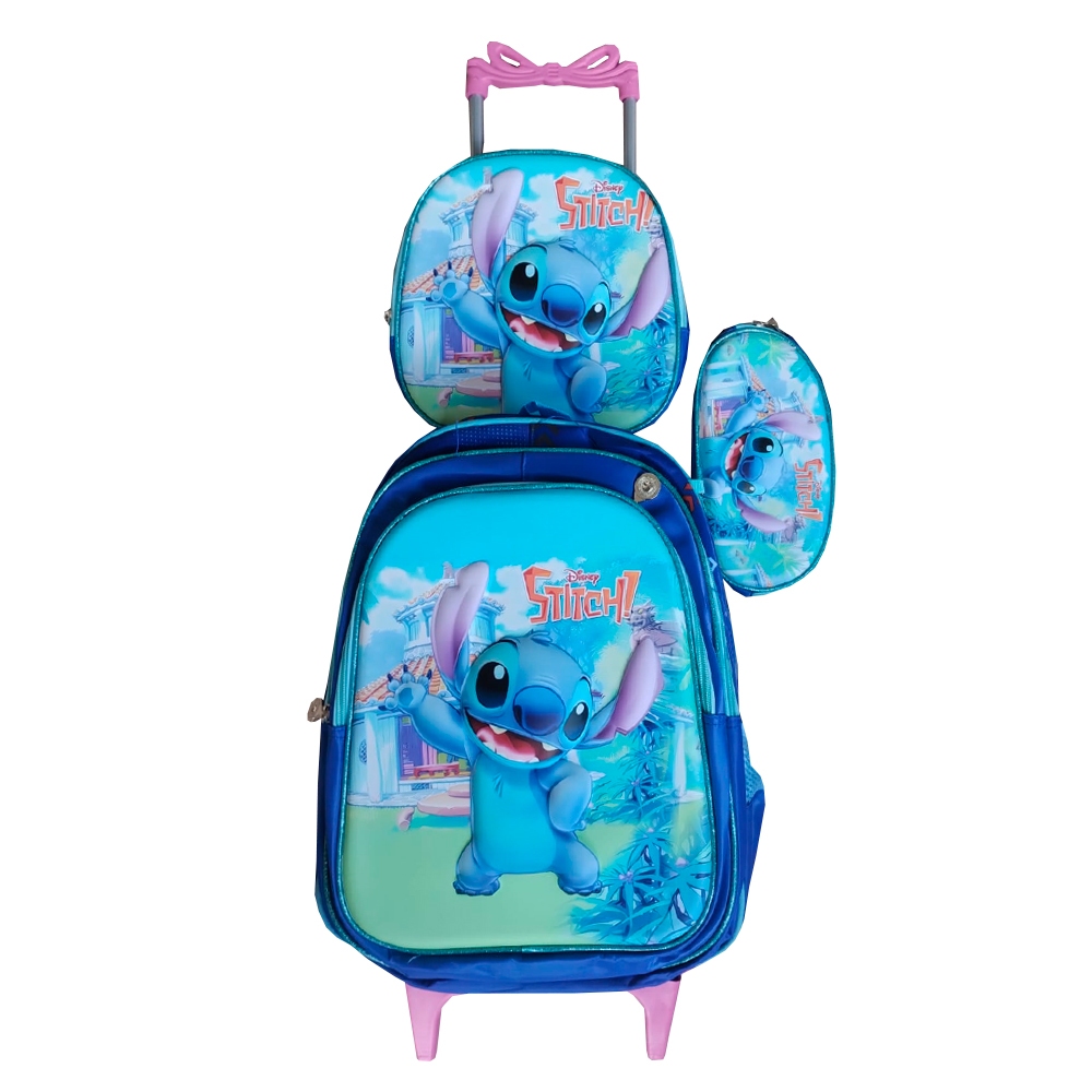 Kit Mochila Stitch Azul Bebê com Carrinho Rosa + Lancheira Térmica + Estojo em 3D Alto Relevo Menina