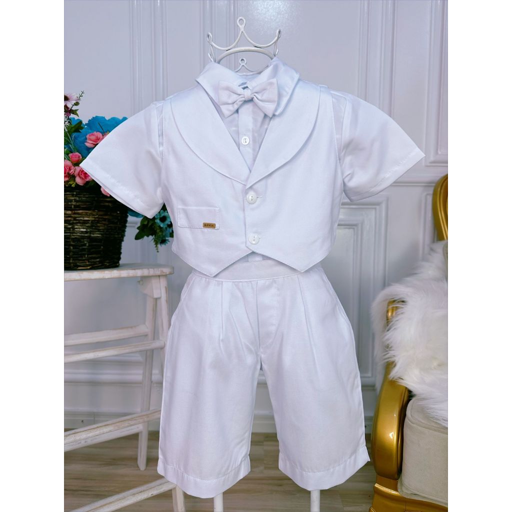 Conjunto Social Short Camisa Colete Gravata Suspensório Branco Casamento Infantil Batizado Formatura