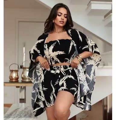 kimono Moda femenina 3 peças estampa Variada Kimono+short+top com bolso e elastico na cintura