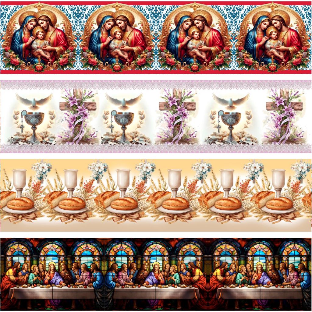 12 Barrinha Pano Prato Tema Religioso Tricoline 85% Poliester 15% Algodão