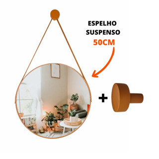 Espelho Decorativo Suspenso 50cm Alça de Couro Imagem Nítida