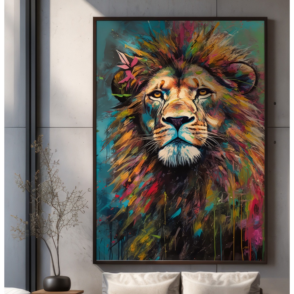 Quadro De Leao Para Sala Quadro Decorativo Quarto Quadro Com Moldura E Vidro Arte Colorida Abstrata