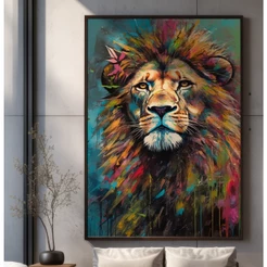 Quadro Leão Colorido Grande Para Sala Quadro Com Moldura E Vidro Quadro Decorativo Sala Com Moldura