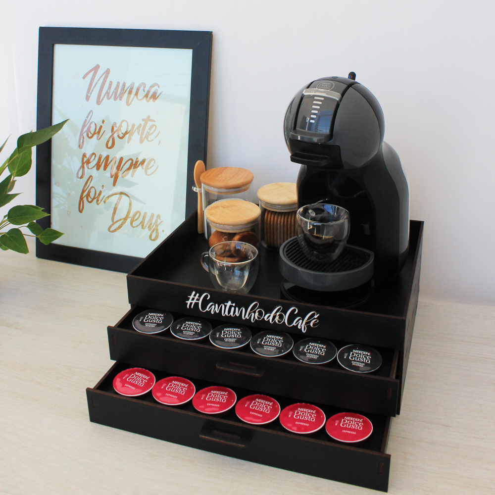 Melhor Bandeja Organizadora Cômoda 2 Gavetas Cantinho do Café Porta Capsula Dolce Gusto Preta Mdf