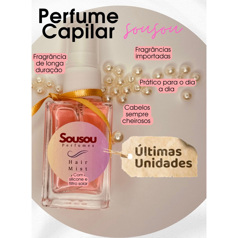 Perfume Capilar 50 fragrâncias importadas silicone e filtro solar cabelos