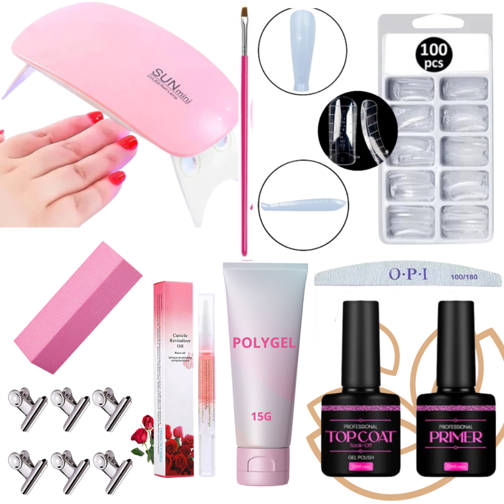 Kit Polygel Alongamento De Unha + Molde F1 + Lixa + Top Coat + Primer + Cabine Sun Mini + Poligel Alongamento Unhas