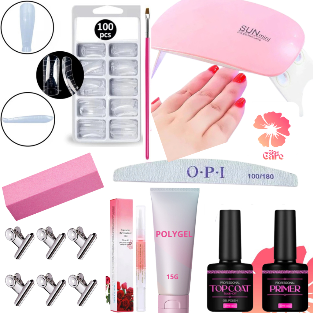 Kit Polygel Alongamento De Unha + Molde F1 + Lixa + Top Coat + Primer + Cabine Sun Mini Poligel Alongamento Unhas