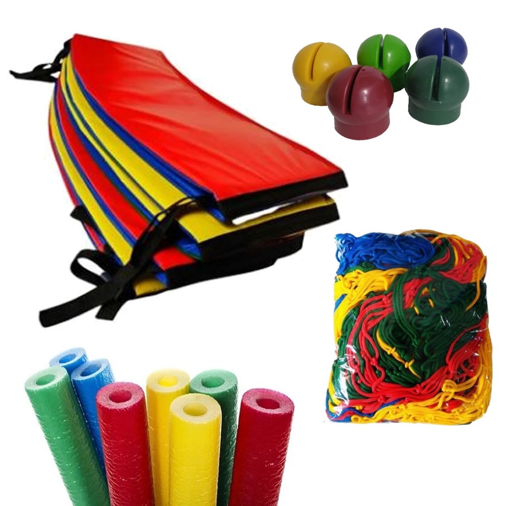 Kit de Acessórios Pula Pula Trampolim Cama 1,40m: Protetor de Mola 1,40m + Rede Proteção 1,40 + 6 Isotubos + 6 Ponteira