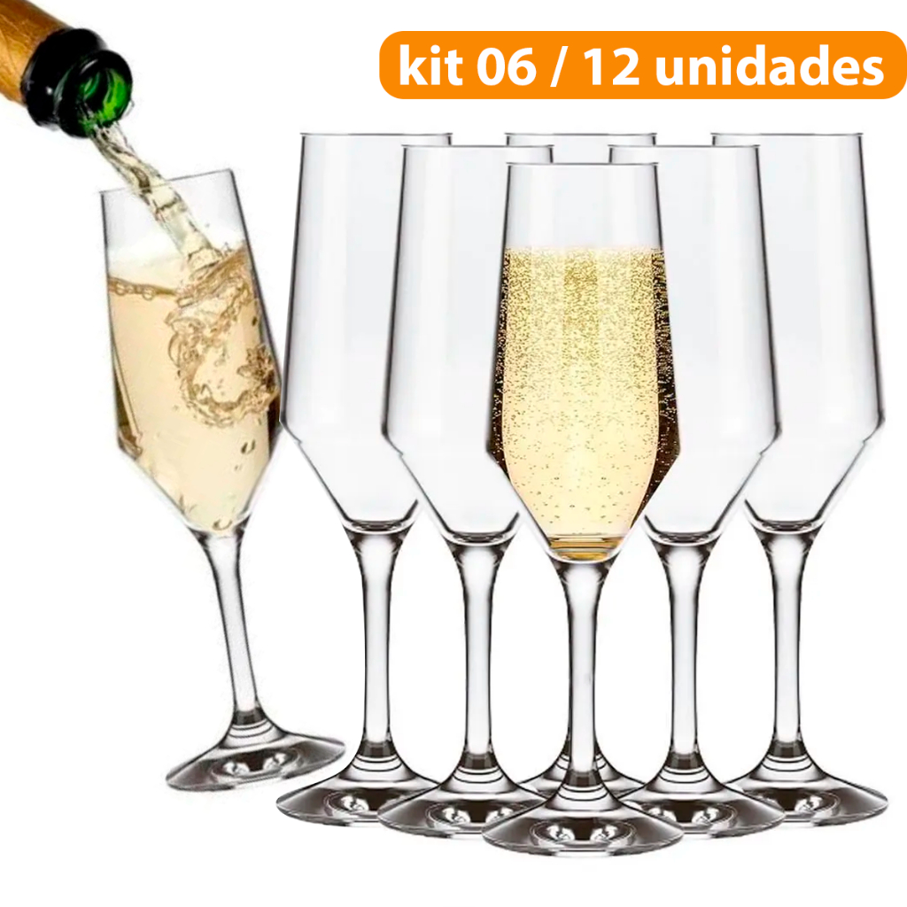 Jogo 12  / 06 Taça Vidro Cristalino Buffet 186ML Champanhe Espumante Vinho Branco Bar Rest...
