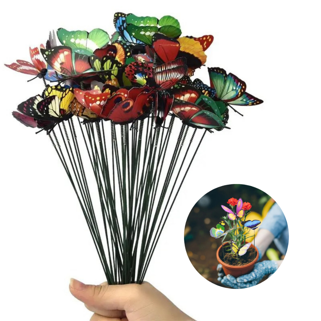 Borboletas decorativas 3d enfeite jardim vasos com haste kit 12un mini em Oferta na Shopee