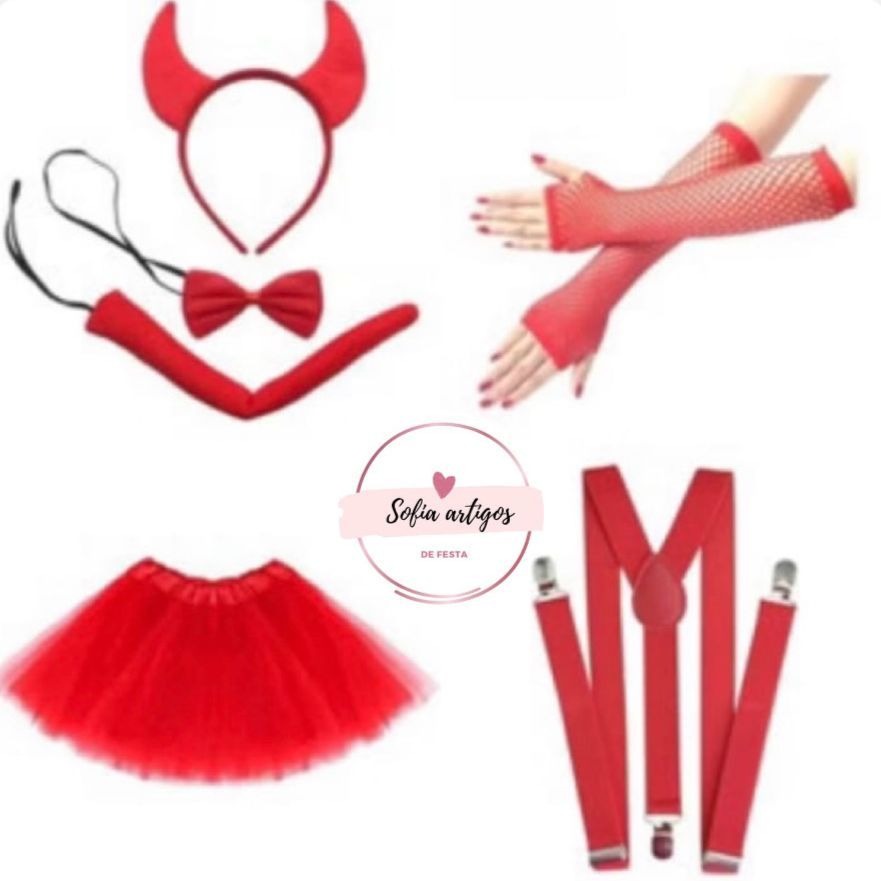 Kit Fantasia de Diabinha Tiara Gravata Rabo Saia Luva Arrastão Suspensório