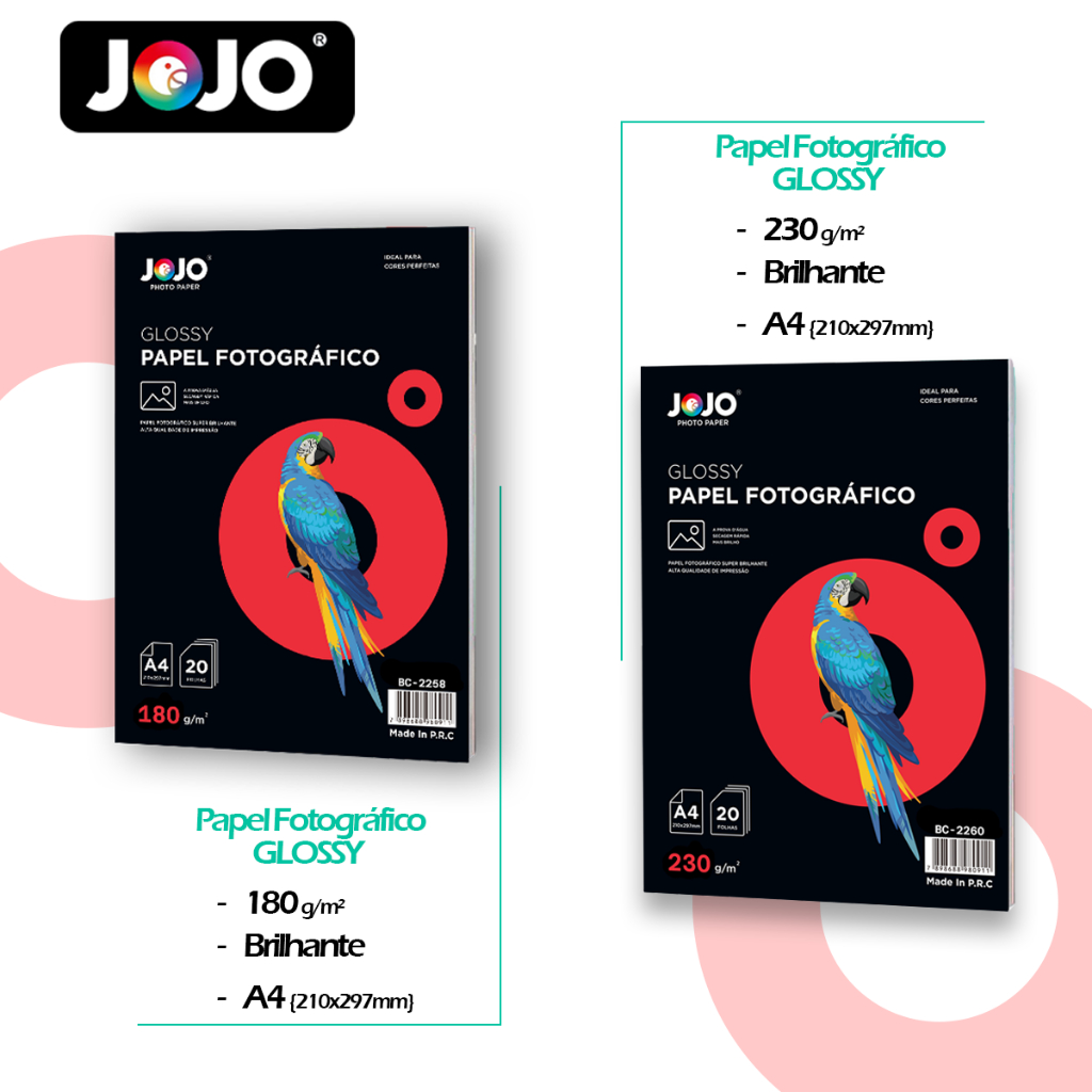 Kit Papel Fotográfico 180g Glossy 100 Folhas + 230g Glossy 100 Folhas p/ InkJet JOJO PAPER