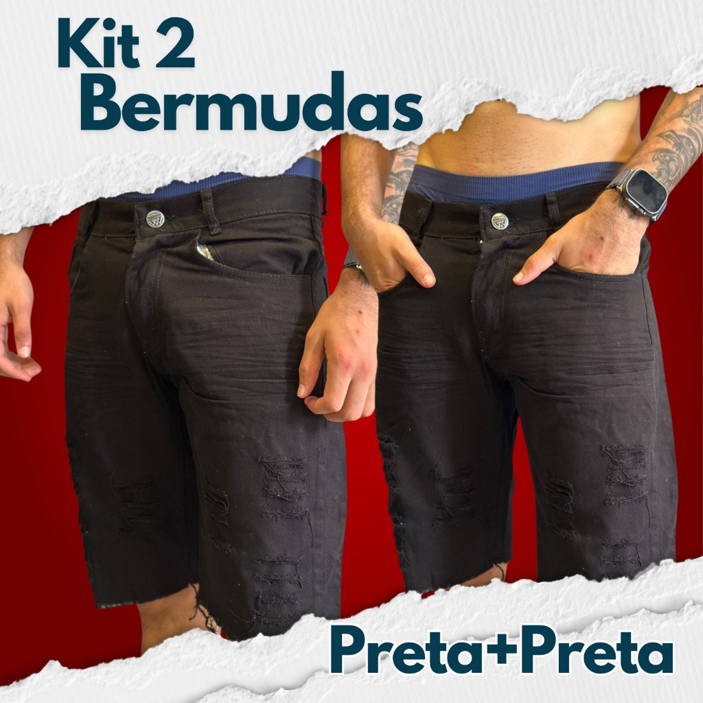 KIT 2 Bermudas jeans bermuda jeans masculina rasgada individual Preto Branco Promoção