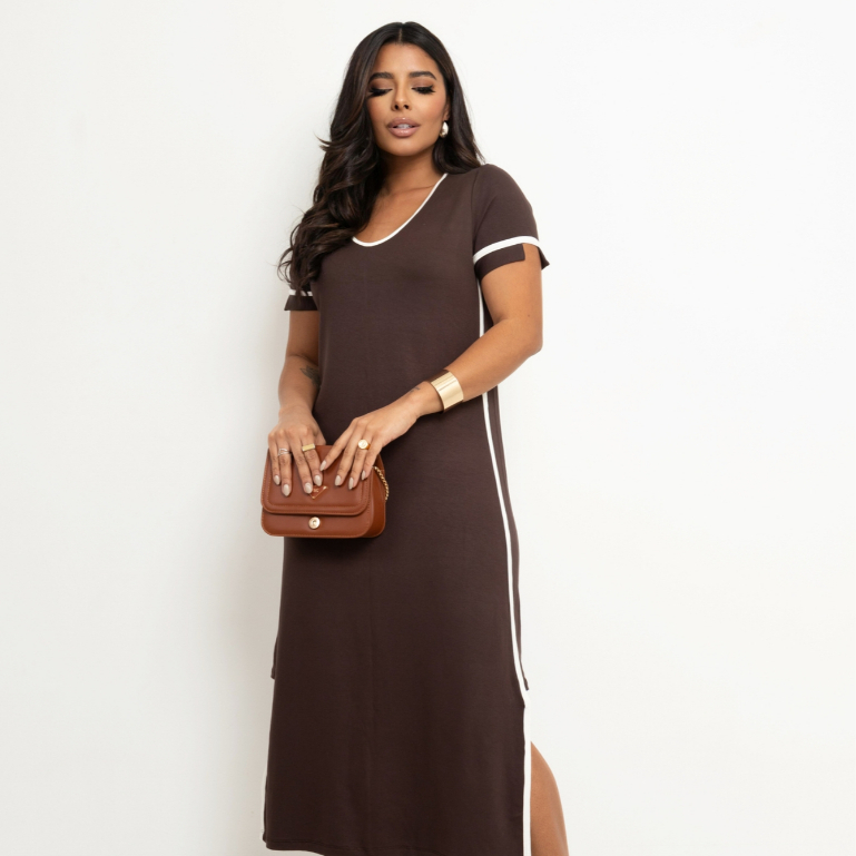 Vestido Elegante com Fendas e Faixas Laterais Confortável Tecido Moletinho com Elastano Feminino Midi Soltinho em Oferta na Shopee