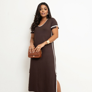 Vestido Elegante com Fendas e Faixas Laterais Confortável Tecido Moletinho com Elastano Feminino Midi Soltinho em Oferta na Shopee