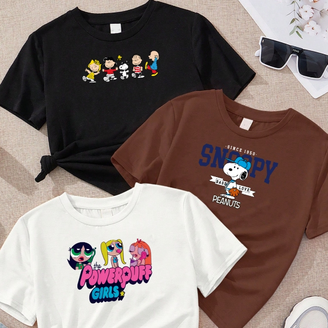 Blusa Kit com 3 feminina Turma Snoopy, Snoopy, Poderosas branca e rosa marrom Off white 100% algodão