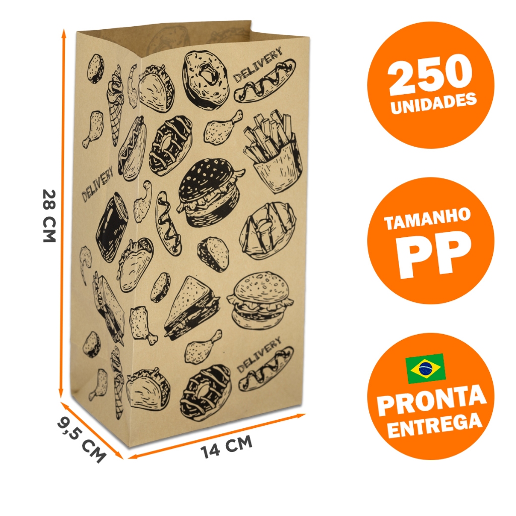 250 Sacos De Papel Kraft 28 x 14 x 9,5 cm Tamanho PP Delivery Hamburguer Lanches em Oferta na Shopee