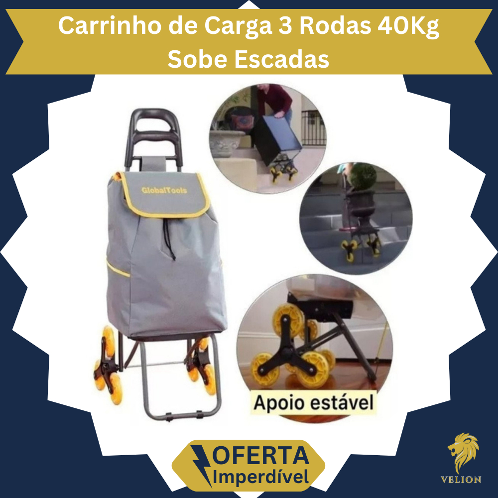 Carrinho de Carga Dobrável Sobe Escadas até 40kg Com Bolsa Para Feira Mercado