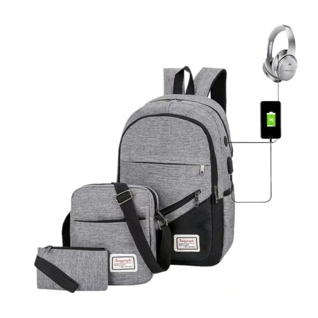 kit 3 Mochila Anti Furto Notebook Saida Cabo Aux Usb Fone Ouvido