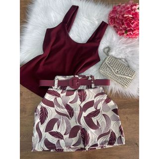 Conjunto Feminino Blusa Regata + Short Saia com Cinto Plus Size - Conjuntinho Plus Curve