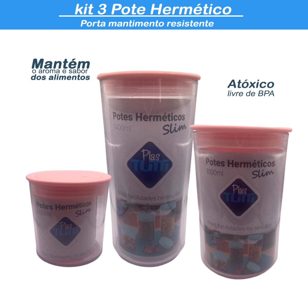 Kit de 3 Pote Hermético Slim 600ml+1L+1,4L Transparente Organizador de Alimento Acrilico