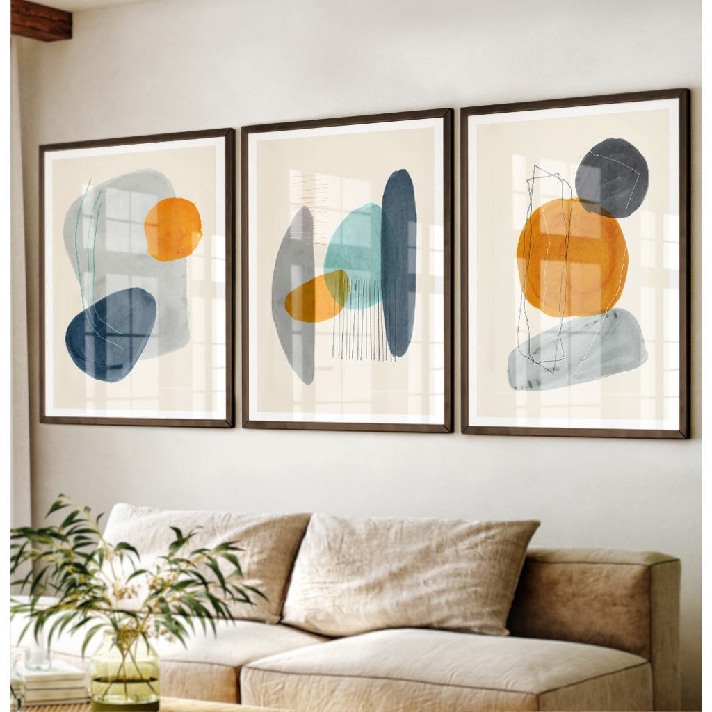 Quadro Boho Chic Quadro Decorativo Sala Com Moldura Quadro Abstrato Grande Azul Com Laranja Trio