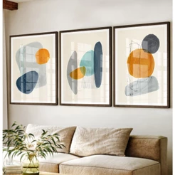 Quadro Boho Chic Quadro Decorativo Sala Com Moldura Quadro Abstrato Grande Azul Com Laranja Trio
