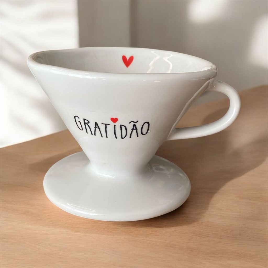 Filtro de Café de Porcelana Branca Decorado Gratidão