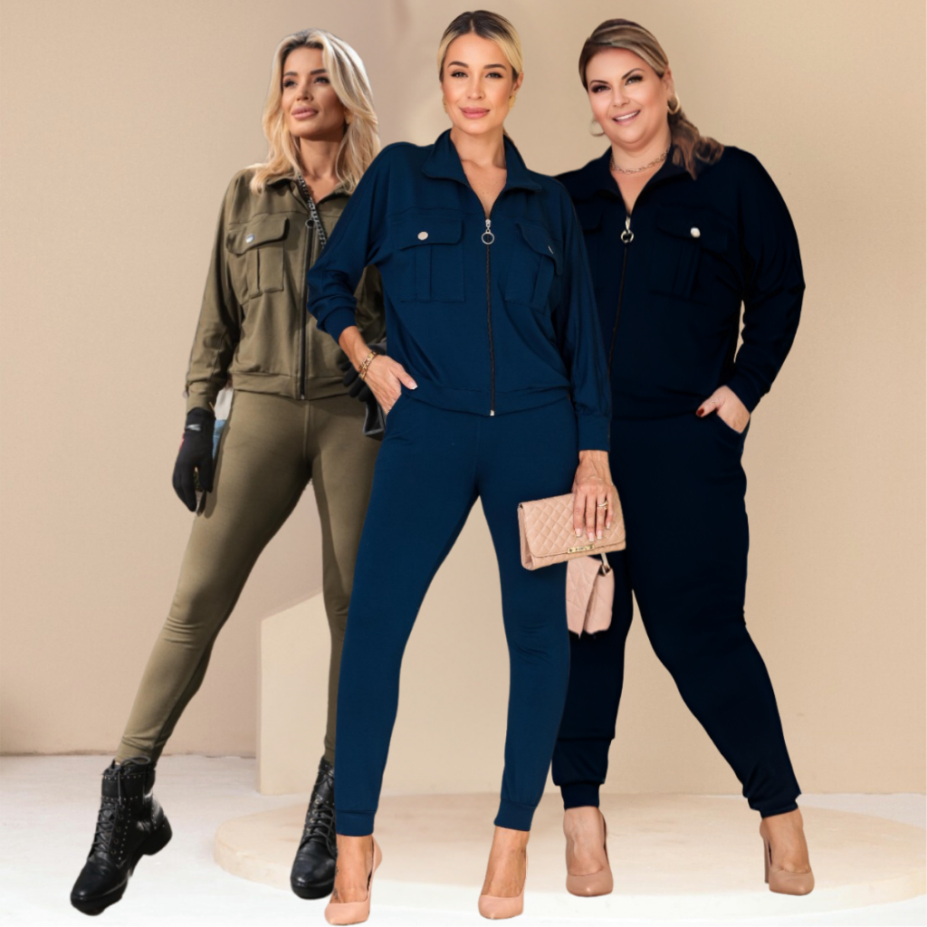 Conjunto Feminino Plus Size Moletinho | Blusa Cargo com Zíper + Calça Skinny Casual Outono Inverno