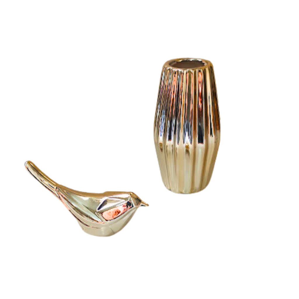 Kit Decoração Rose Gold Vaso Decorativo + Passarinho Enfeite Porcelana