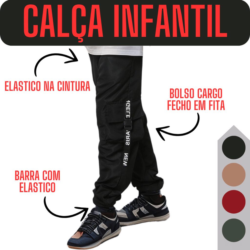 Calça com Bolsos Cargo Masculina Infantil Menino Jogger Frio Bege Preta Verde Vermelha Calca Criança