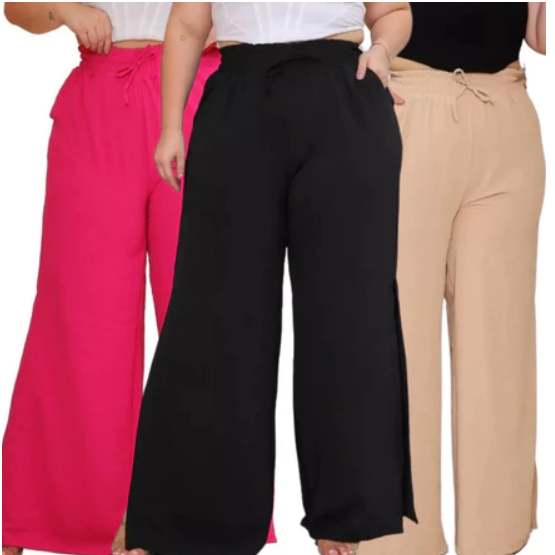 Calça Pantalona Plus Size Feminina Elástico Na Cintura Com Bolso Cintura Alta Tecido Duna