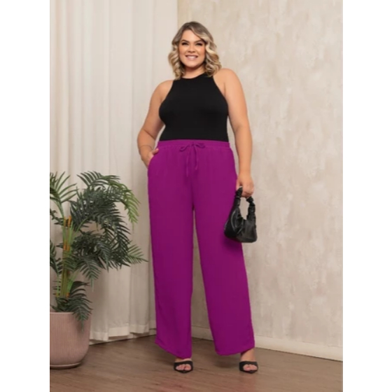 Calça Pantalona Plus Size Feminina Elástico Na Cintura Com Bolso Cintura Alta Tecido Duna