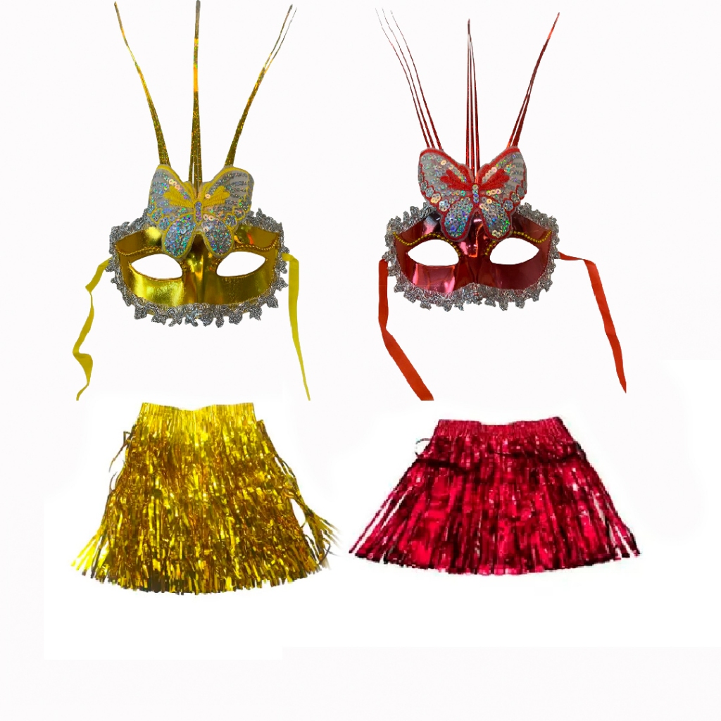 Kit Carnaval Máscara + Saia Franja Metalizada cores variadas em Oferta na Shopee