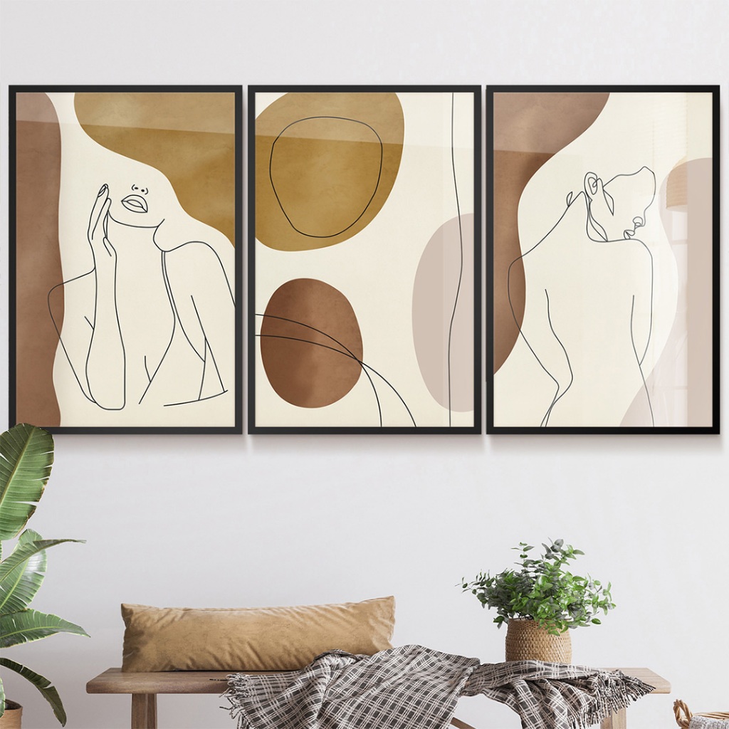 Quadro Abstrato Quadro Com Moldura Vidro Quadro Decorativo Sala Grande Quarto Linhas Femininas Trio