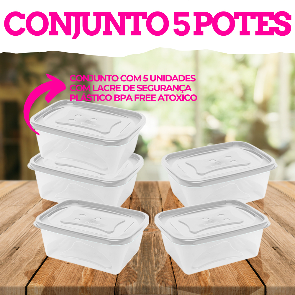 Kit Conjunto 5 Potes Plásticos BPA FREE Marmita Freezer Cozinha Organização de Casa Geladeira Comida Hermeticos