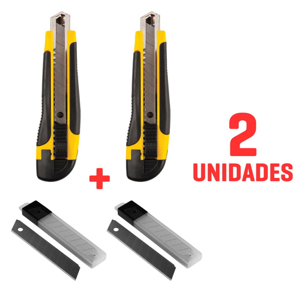 Kit 2 Estilete Profissional Lâmina 18mm Alta Qualidade Precisão Emborrachado Escolar Volta Aulas Escritório Trava Gira