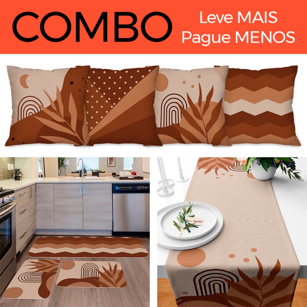 COMBOS: KIT COM 4 CAPAS DE ALMOFADA + KIT COM 3 TAPETES DE COZINHA + TRILHO DE MESA 08